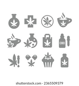 Hemp, cannabis and marijuana usage vector icons. CBD, medical cannabidiol and oil drops icon set.