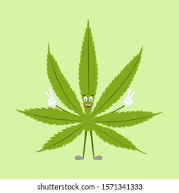 Hemp character cute vector illustration. Cute cartoon cannabis smiles and shows a peace sign. Cannabis, hemp, marijuana, medicinal herb.