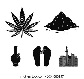 Hemp, cocaine, bong, corpse in the morgue. Drugs set collection icons in black style vector symbol stock illustration web.