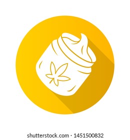 Hemp cream flat design long shadow glyph icon. Cannabis cosmetic product. Ganja distribution and sale. Jar of weed lotion. Pharmaceutical CBD oil herbal cream. Vector silhouette illustration
