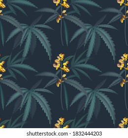 Hemp  Foliage Vintage Pattern, Trpical Jungle Texture Wallpaper, Room, And Interior Design, Seamless Jungle Wild  Plant Vector. Cannabis Flower Grass, Greenery Wall Art.