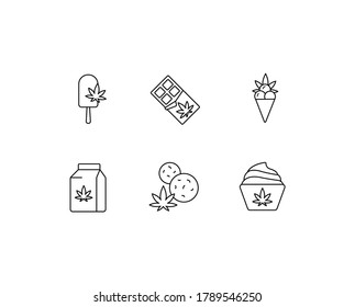Hemp food simple thin line icon vector illustration. Cannabis cookies, cannabis chocolate, hemp cupcake, hemp milk, ice cream.
