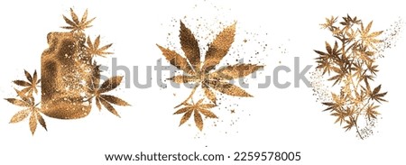 Hemp - Hand drawn. Golden design. Hemp as a health plant. Different glass bottles with CBD oil, hemp oil and hemp seeds. Cosmetics CBD oil for health.	
