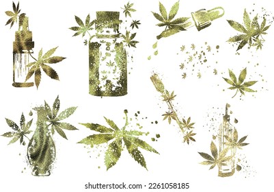 Hemp - Hand drawn. Green design. Hemp as a health plant. Different glass bottles with CBD oil, hemp oil and hemp seeds. Cosmetics CBD oil for health.