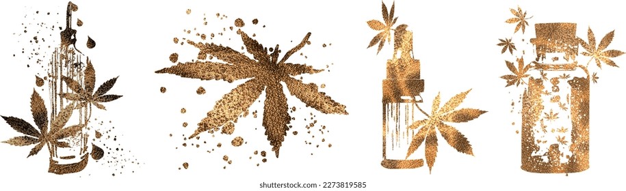 Hemp as a health plant. Hand drawn design. Different glass bottles with CBD oil, hemp oil and hemp seeds. Cosmetics CBD oil for health.