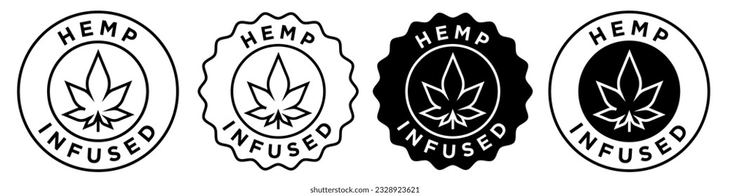 Hanf-Ikone Vektorset-Sammlung für Web-App-Nutzung. CBD enthält Nahrungsmittel oder Getränke. Kein Cannabidiolgetränk, Saft, essbarer Snack, Rundstempel-Logo