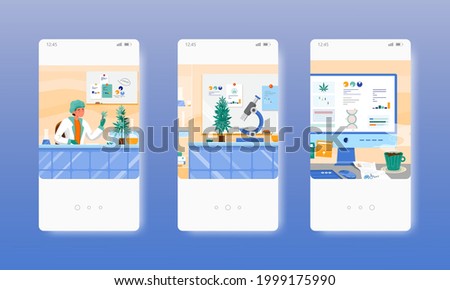 Hemp lab. Marijuana research. Cbd oil test. Mobile app screens, vector website banner template. UI, web site design.