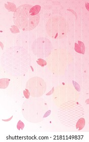 Hemp leaf background with cherry blossom petals and Japanese pattern on vertical paper stationery