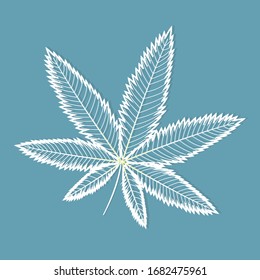 hemp leaf close-up with a white outline isolated on a blue background in paper style, vector illustration