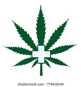 hemp leaf with a cross on a white background