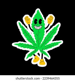 Hoja Hemp. Hermosa y divertida hoja de marihuana. Caricatura de mascota. cannabis médico, maleza, concepto de personaje de marihuana