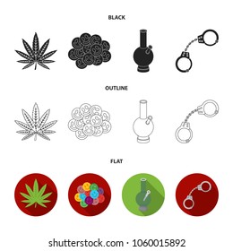 Hemp leaf, ecstasy pill, handcuffs, bong.Drug set collection icons in black,flat,outline style vector symbol stock illustration web.