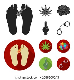 Hemp leaf, ecstasy pill, handcuffs, bong.Drug set collection icons in black, flat style vector symbol stock illustration web.