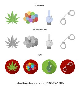 Hemp leaf, ecstasy pill, handcuffs, bong.Drug set collection icons in cartoon,flat,monochrome style vector symbol stock illustration web.