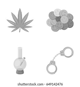 Hemp leaf, ecstasy pill, handcuffs, bong. Drug set collection icons in monochrome style vector symbol stock illustration web.