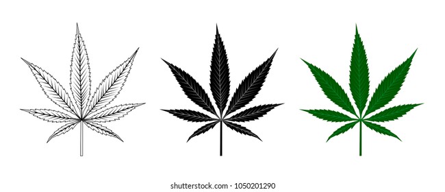 hemp leaf is green, black, linear, graphic on white. Set