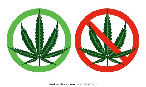 Hemp Leaf in Green Round Sign and Inside Red Prohibition Sign. Stop and Legalize Marijuana Concepts