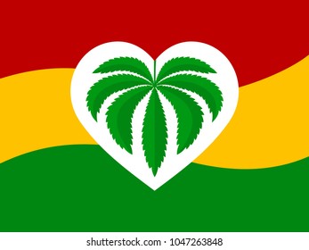 hemp leaf in heart on red-yellow green background