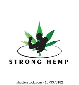 hemp leaf with powerful hand muscle and strong man logo design