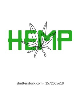 Hemp leaf and text. Hand drawn style isolated on white background. Badge for medical cannabis shop. Vector illustration.