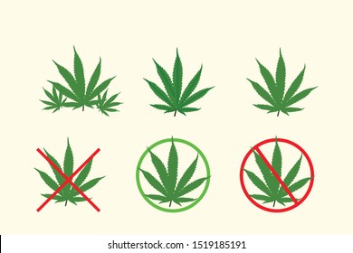 Hemp Leaves, Hemp leaf illustration with different styles, hemp not allowed, hemp allowed signs