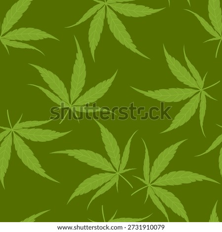 Hemp leaves on green background. Cannabis leaf seamless pattern. Vector cartoon flat illustration. 