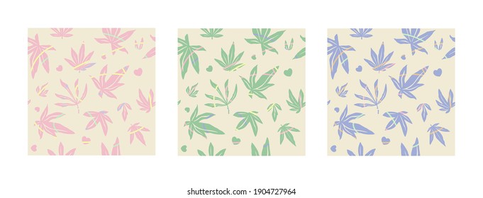 Das Muster der Hanfblätter ist in Pastellfarben gesetzt. Wiederholbares Vektordesign, ideal für Gesichtsmasken, Innendekor oder Modeartikel.