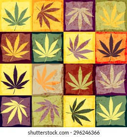 Hemp leaves in retro style. Seamless background pattern.