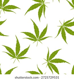O cânhamo deixa um padrão perfeito. Fundo de folha de maconha verde. Ilustração plana em desenho animado de vetor. 