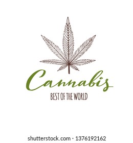 Hemp Lettering. Vector hand drawn symbol of Cannabis, marijuana.  Medicinal cannabidiol concept