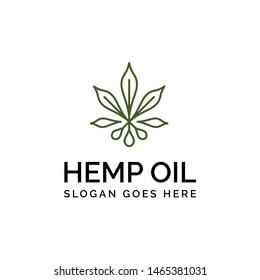 Hemp line art logo design with weed leaf shape and oil drop graphics