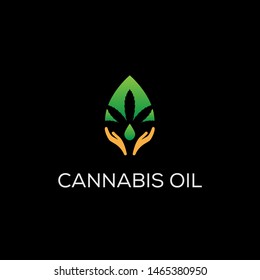 Hemp logo design with cannabis leaf inside droplet with oil and palm hand graphics