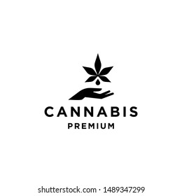 Hemp Logo Hand Holding Weed With A Marijuana Leaf. Medical Cannabis Oil. CBD Oil Extract. Natural Icon Product Label And Logo Graphic Template. Isolated Vector Illustration.