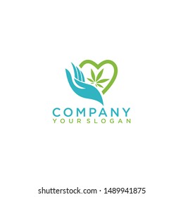 Hemp logo Hand holding weed with a marijuana leaf. Medical Cannabis oil. CBD oil extract. Natural Icon product label and logo graphic template. Isolated vector illustration.