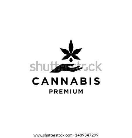 Hemp logo Hand holding weed with a marijuana leaf. Medical Cannabis oil. CBD oil extract. Natural Icon product label and logo graphic template. Isolated vector illustration.