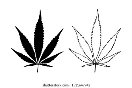 Hemp Marijuana Cannabis Leaf Vector Sign Black Silhouette and Outline Isolated on White Background