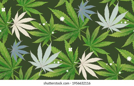Hemp or marijuana leaves a seamless pattern The green background of the tropical forest.