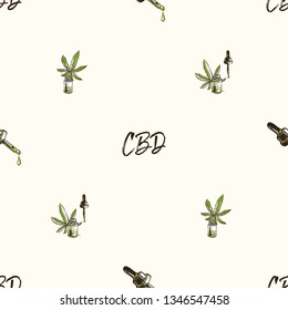 Hemp oil with CBD seamless pattern. Bottles with oil from cannabis, dropper and green drops. Natural vintage sketch for medical design. Vector illustration on white background in watercolor style.