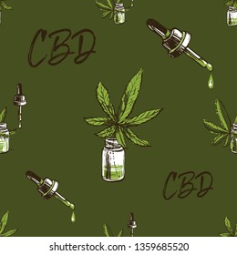 Hemp oil with CBD seamless pattern. Bottles with oil from cannabis, dropper and green drops. Natural vintage sketch for medical design. Vector illustration on green background in watercolor style.