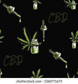 Hemp oil with CBD seamless pattern. Bottles with oil from cannabis, dropper and green drops. Natural vintage sketch for medical design. Vector illustration on black background in watercolor style.