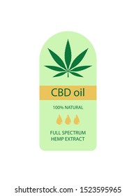 Hemp oil label, leaf and drop of hemp oil. Cannabis oil extracts, CBD or cannabidiol, full spectrum natural hemp oil. Medical marijuana logo. Vector flat illustration isolated on white background.