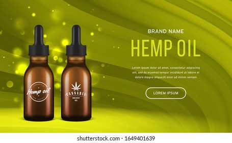 Hemp Oil Mock Up Banner. Realistic Bottles With Medical Cannabidiol Product. Vector Cannabis Oil Promo Poster With Shining Green Waves Background