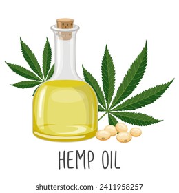 Hemp oil, seeds and hemp plant. Hemp seed oil. Food. Illustration, vector