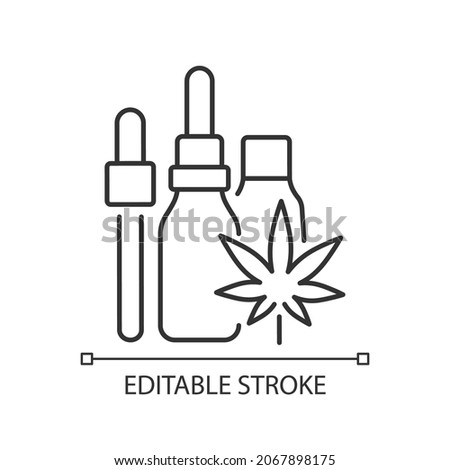 Hemp oil tincture linear icon. Marijuana extract. Medicinal cannabis. Concentrated liquid. Thin line customizable illustration. Contour symbol. Vector isolated outline drawing. Editable stroke