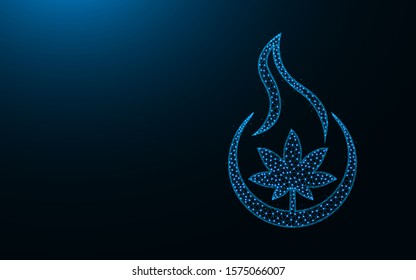 Hemp on fire low poly design, Cannabis destruction abstract geometric image, wireframe mesh polygonal vector illustration made from points and lines on dark blue background
