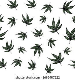 Hojas decorativas con motivos de cáñamo dibujadas a mano verde sobre fondo blanco, para la decoración de prendas y souvenirs ilustración vectorial impresa