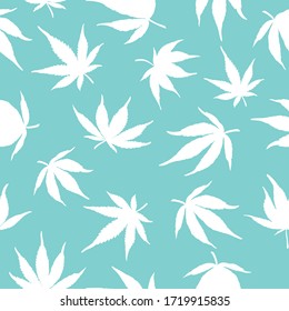 Patrón transparente de hojas de cannabis en un fondo azul. Hojas de cáñamo blanco en un fondo azul. Ilustración del vector