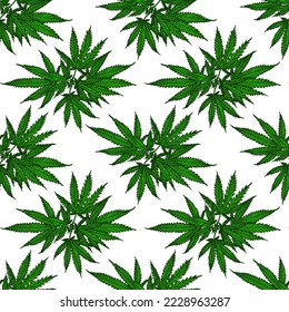 Hemp plant pattern. Cannabis branch with leaves. Marijuana twig vector seamless pattern on white background