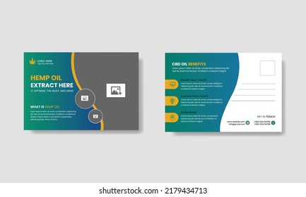 Hemp postcard template design. Hemp oil product or cbd postcard template.