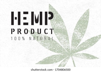 Producto Hemp 100% Rectángulo natural Grunge estilizado Cannabis o hoja de marihuana con logotipo en galería de símbolos - Elementos negros y verdes sobre fondo del libro blanco - Diseño gráfico de contraste de vectores